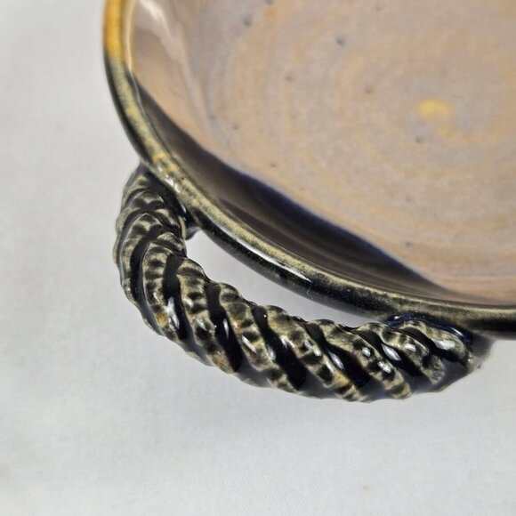 Studio Pottery Handmade Small Trinket Dish Bowl with Double Handles Cream Black - Picture 7 of 11